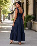 Vestido Largo con Tirantes y Cuerpo Fruncido
