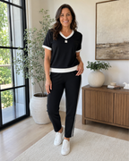 Elegante conjunto de top y pantalón con cuello en V