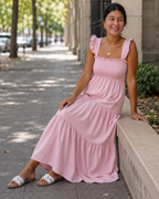 Vestido Largo con Tirantes y Cuerpo Fruncido