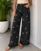 Pantalón Wide Leg con Bordados Florales