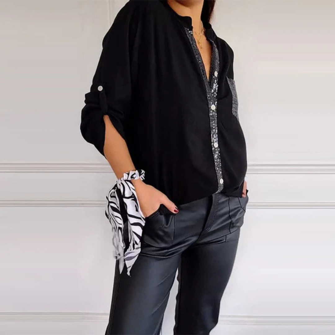 Camisa Casual de Manga Larga para Mujer con Bolsillo y Detalles de Lentejuelas®