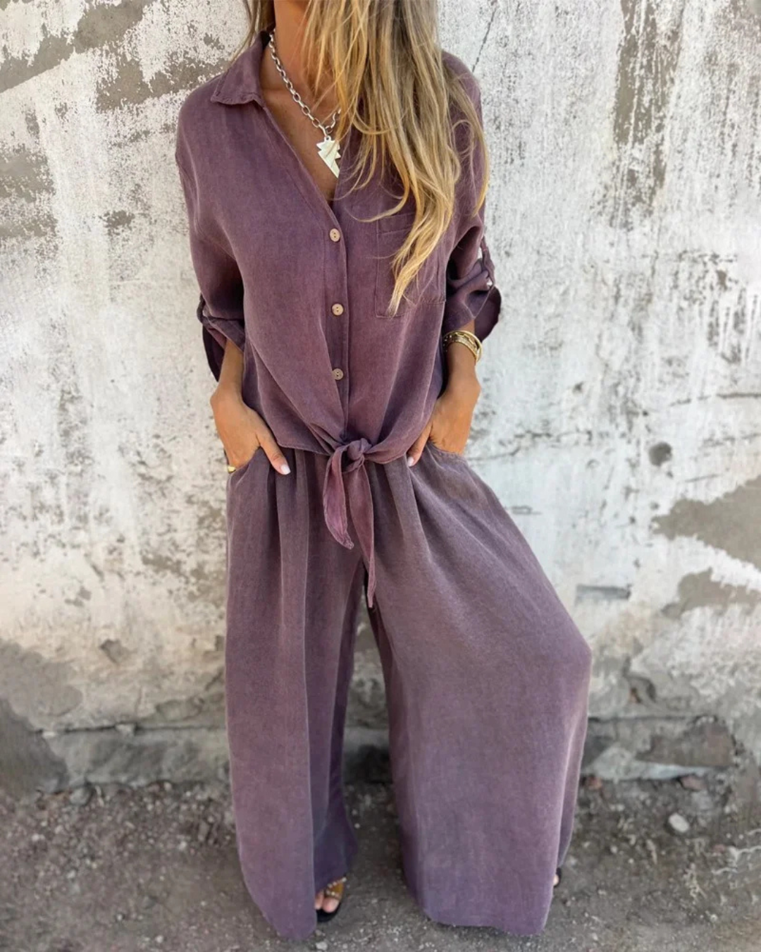 Conjunto de 2 Piezas con Mono Largo de Pierna Ancha para Mujer con Camisa de Botones y Lazo Frontal®
