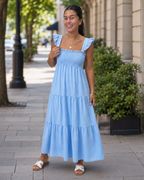 Vestido Largo con Tirantes y Cuerpo Fruncido