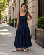 Vestido Largo con Tirantes y Cuerpo Fruncido